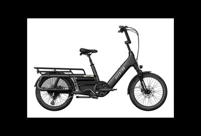 Black electric cargo bike with a basket on a white background